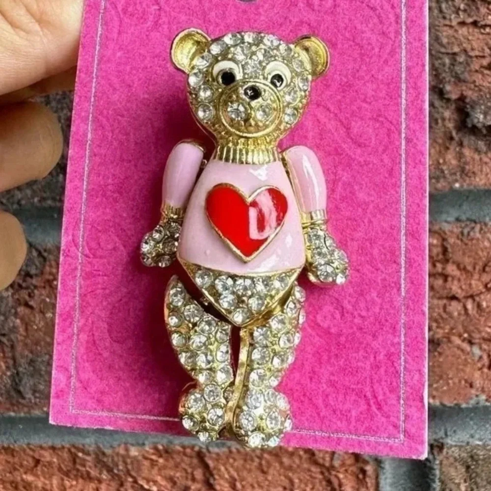 Pink Bear Heart Crystal Brooch
